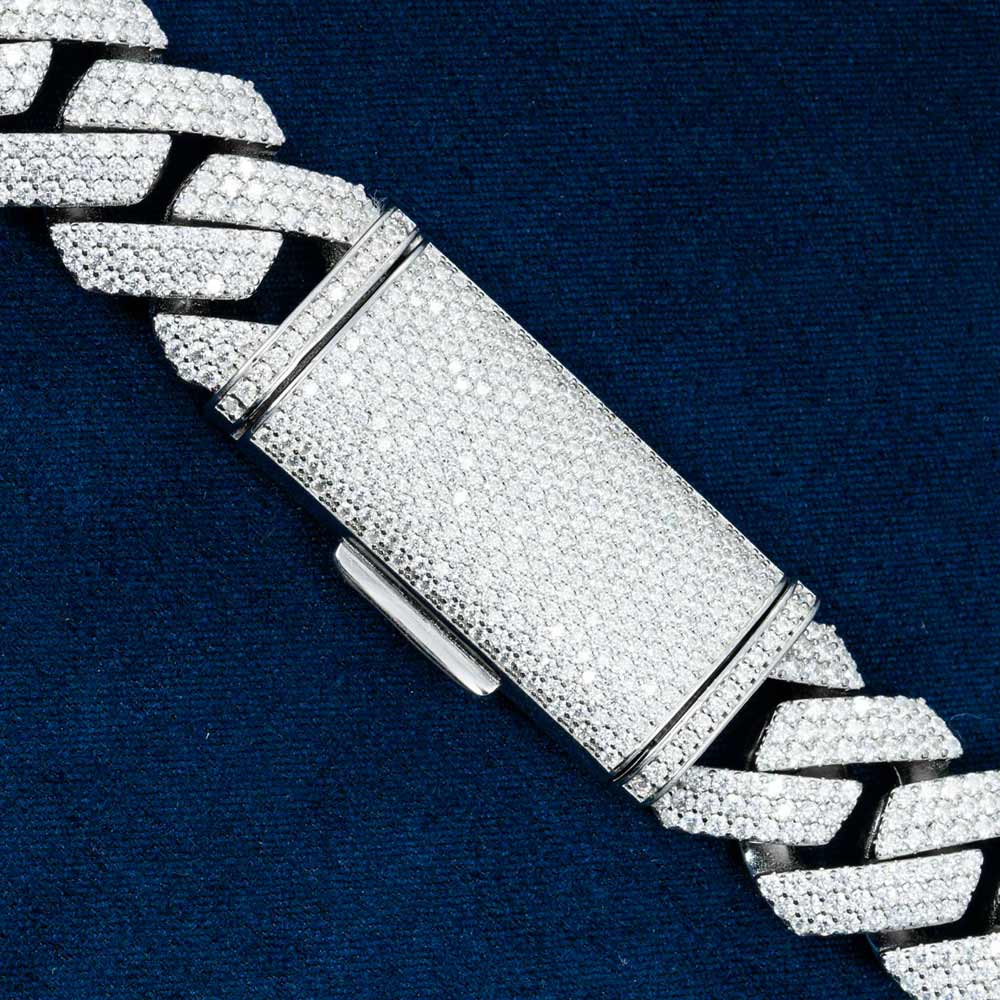 mens 925 silver 3 row moissanite 20mm cuban link chain 14k white gold box clasp