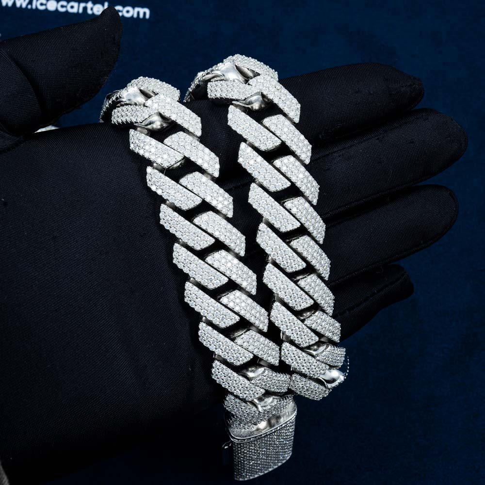 mens 925 silver 3 row moissanite 20mm cuban link chain 14k white gold in hand