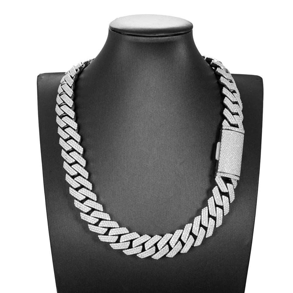mens 925 silver 3 row moissanite 20mm cuban link chain 14k white gold white background