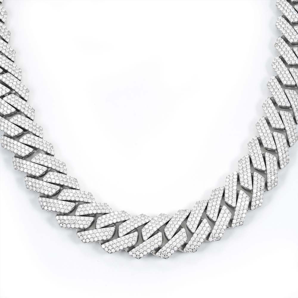 mens 925 silver 3 row moissanite 20mm cuban link chain 14k white gold white