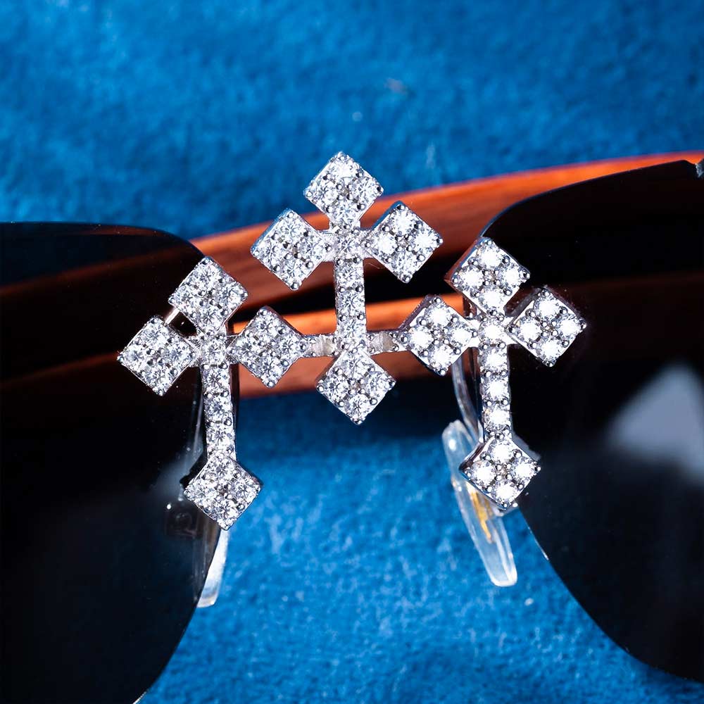 mens Moissanite fleuree cross sunglasses white gold temple