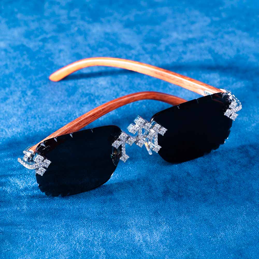 mens Moissanite fleuree cross sunglasses white gold wooden