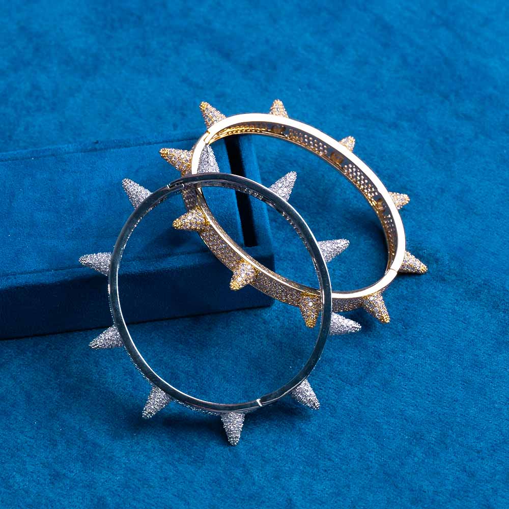 mens Moissanite spiked bangle bracelet 925 silver 14k gold