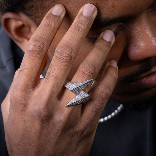 mens moissanite lightning bolt ring white gold model
