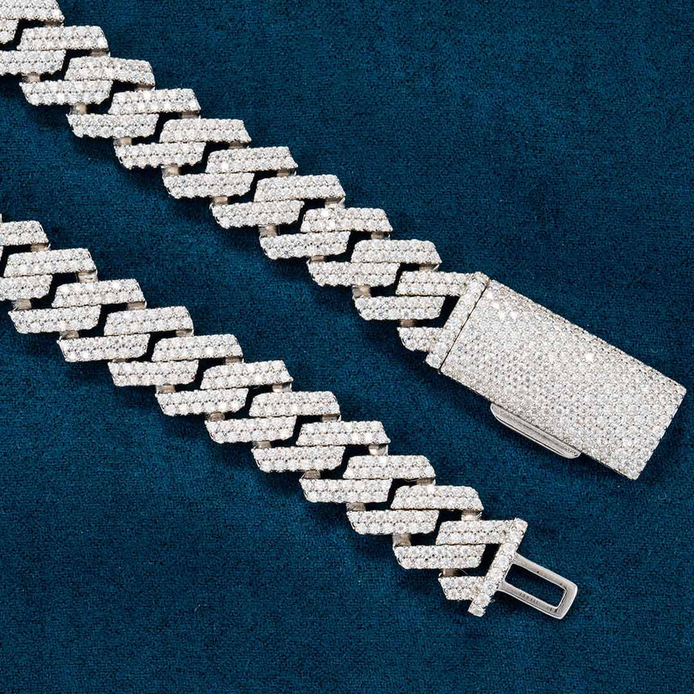 mens prong 12mm moissanite cuban link chain 14k white gold in hand