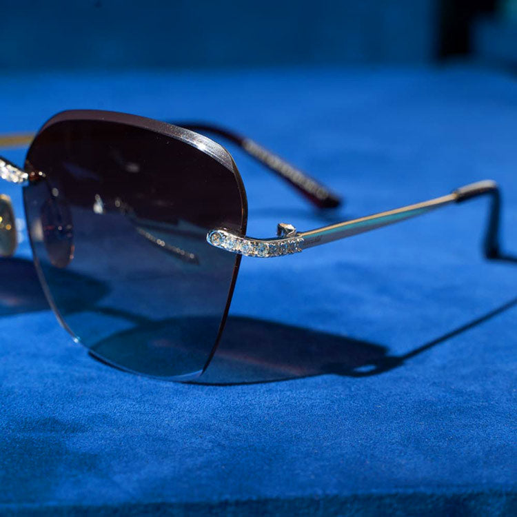 mens vvs moissanite diamond rimless aviator sunglasses 14k white gold Burgundy & Clear