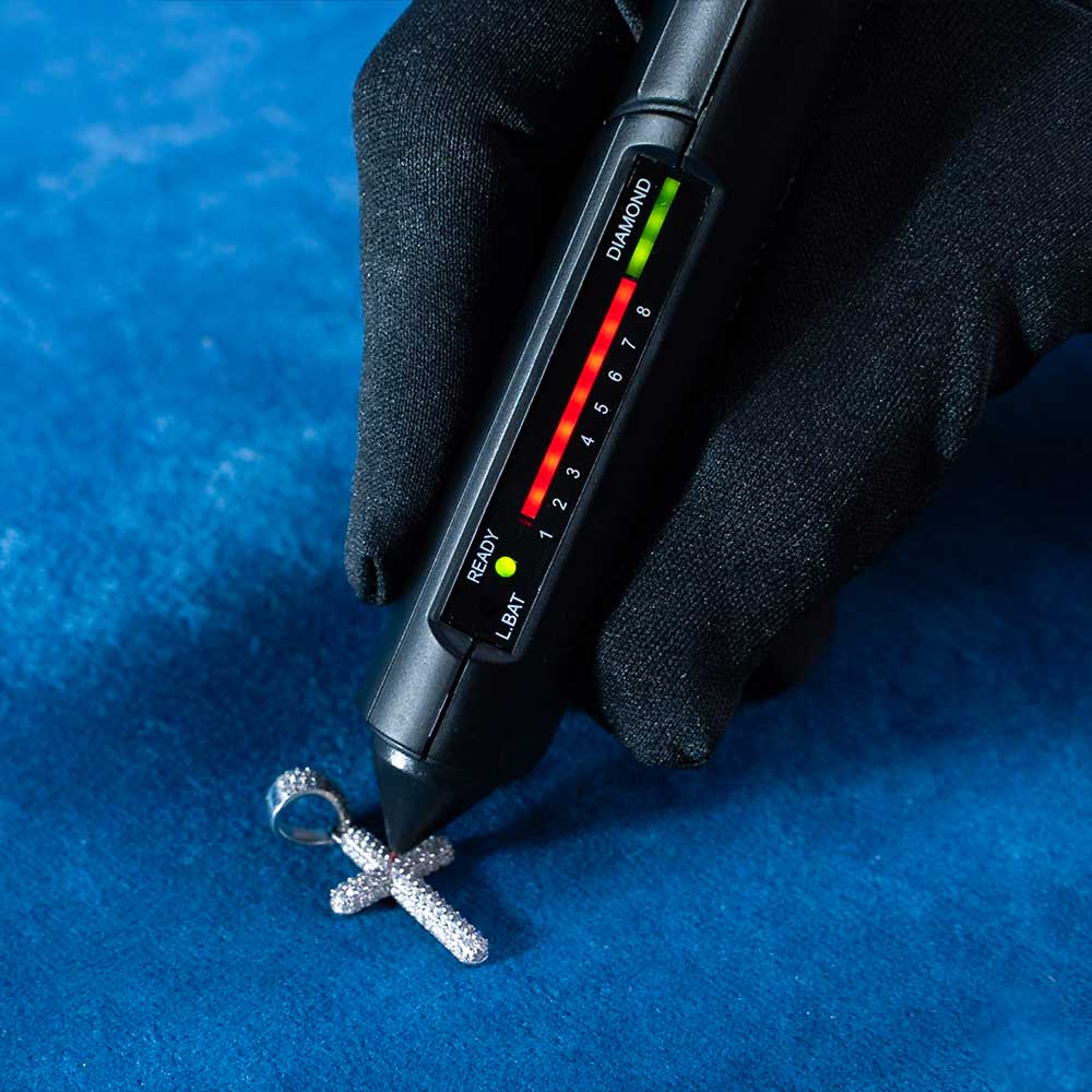 moissanite 2 row cross pendant 14k white gold diamond tester