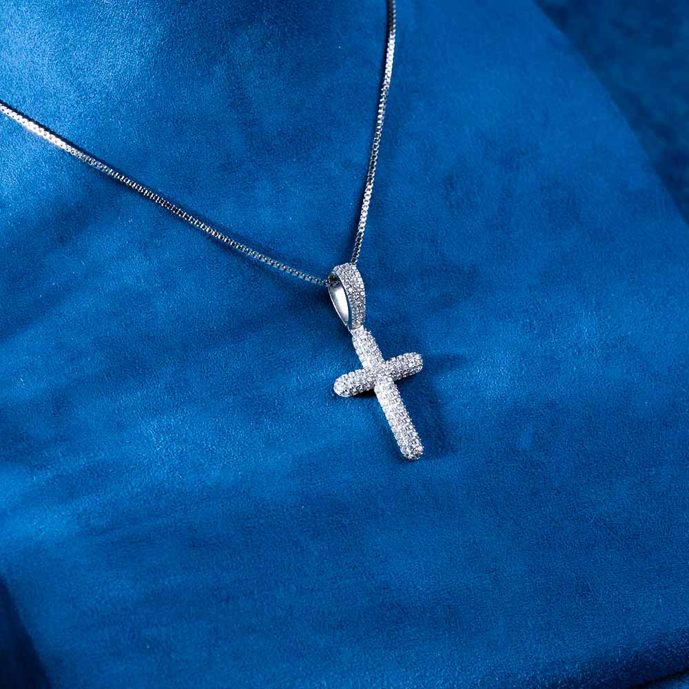 moissanite 2 row cross pendant 14k white gold display