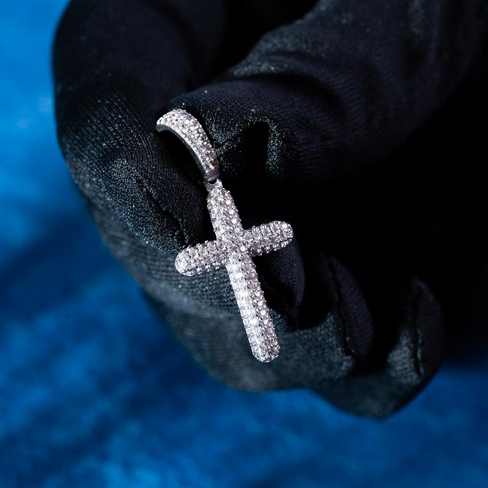 moissanite 2 row cross pendant 14k white gold hand'