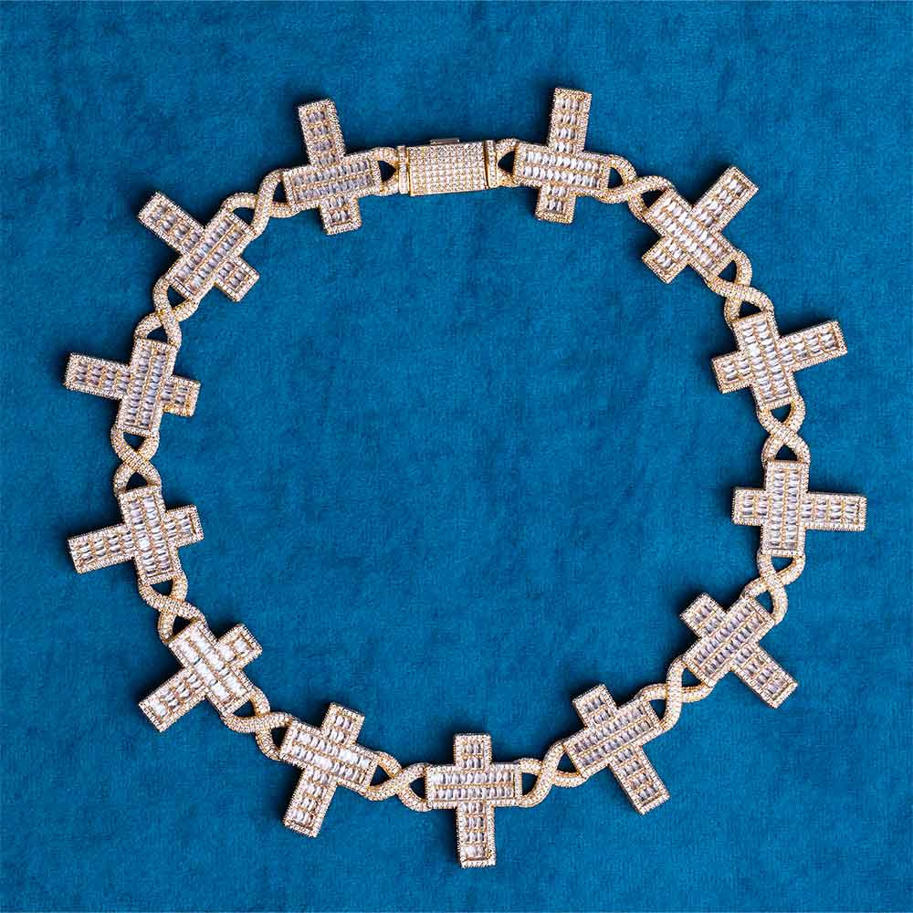 moissanite baguette cross infinity link chain necklace 14k yellow gold