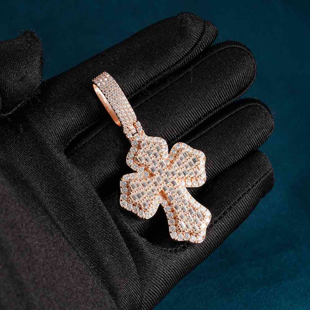 Moissanite baguette cross pendant rose gold hand