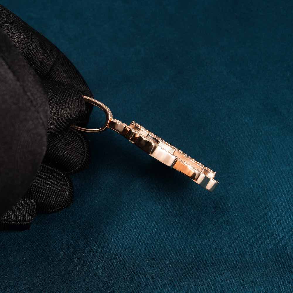 Moissanite baguette cross pendant rose gold side hand