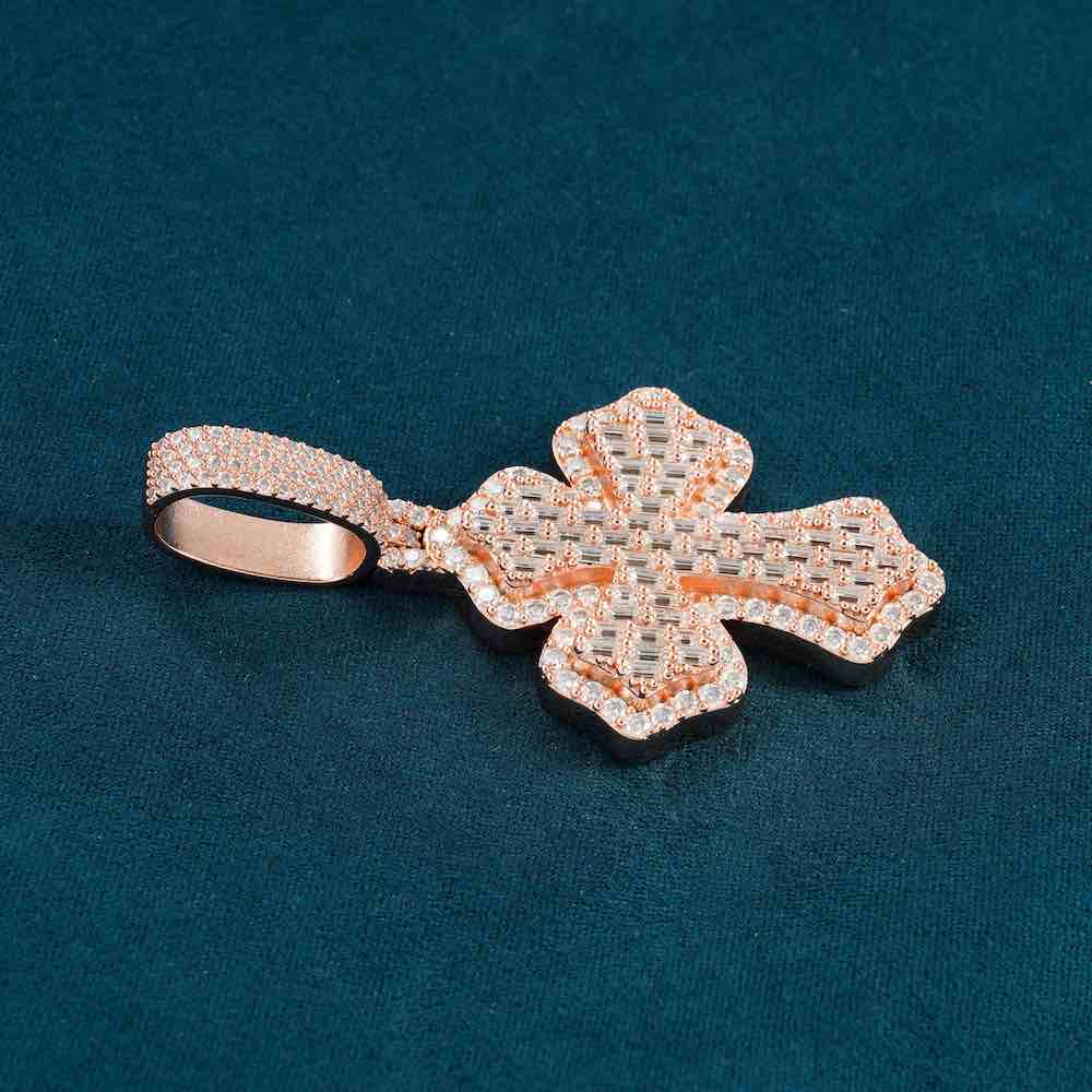 Moissanite baguette cross pendant rose gold side
