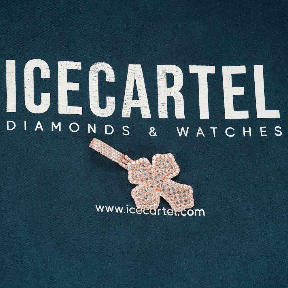 Moissanite baguette cross pendant rose gold velvet