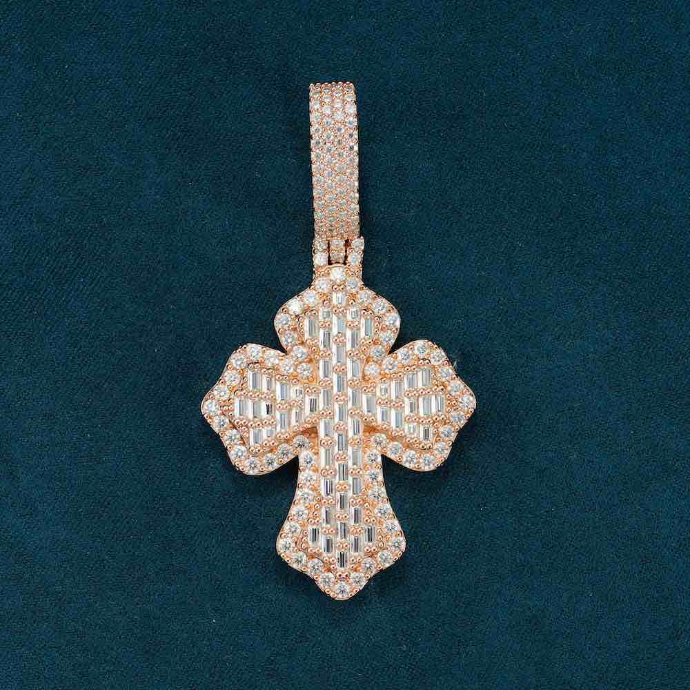 Moissanite Baguette Cross Pendant Rose Gold