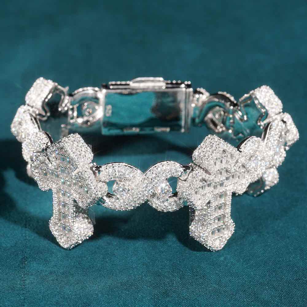 moissanite cross infinity link bracelet 14k side