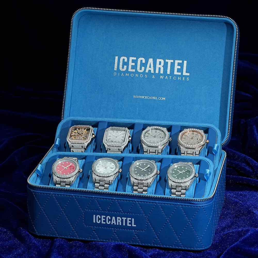 moissanite presidential watch blue face 14k gold jewelry box