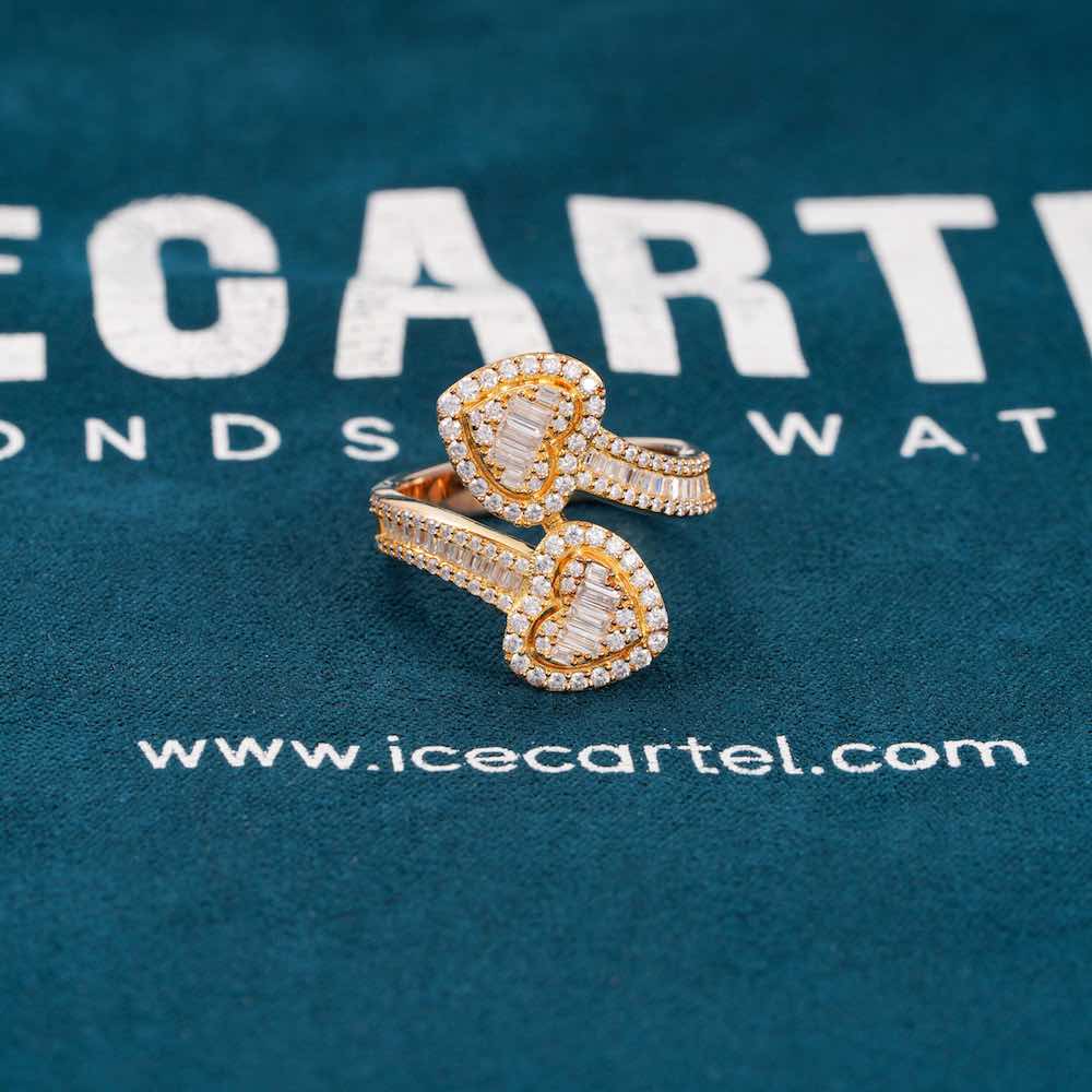 moissanite double heart ring yellow gold close velvet