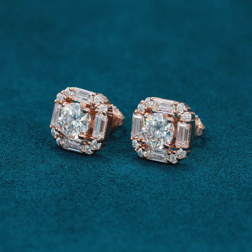 moissanite halo baguette earrings rose gold side