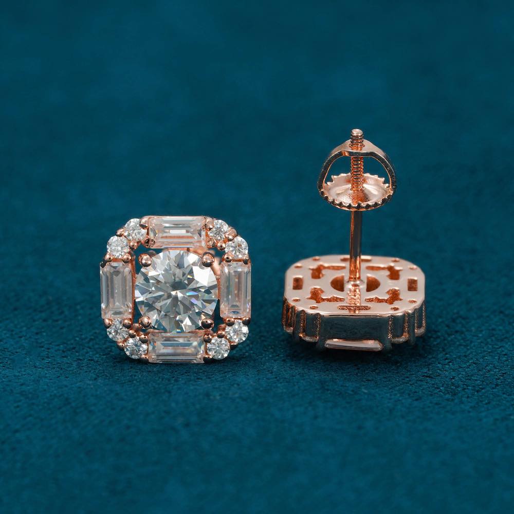 moissanite halo baguette earrings rose gold
