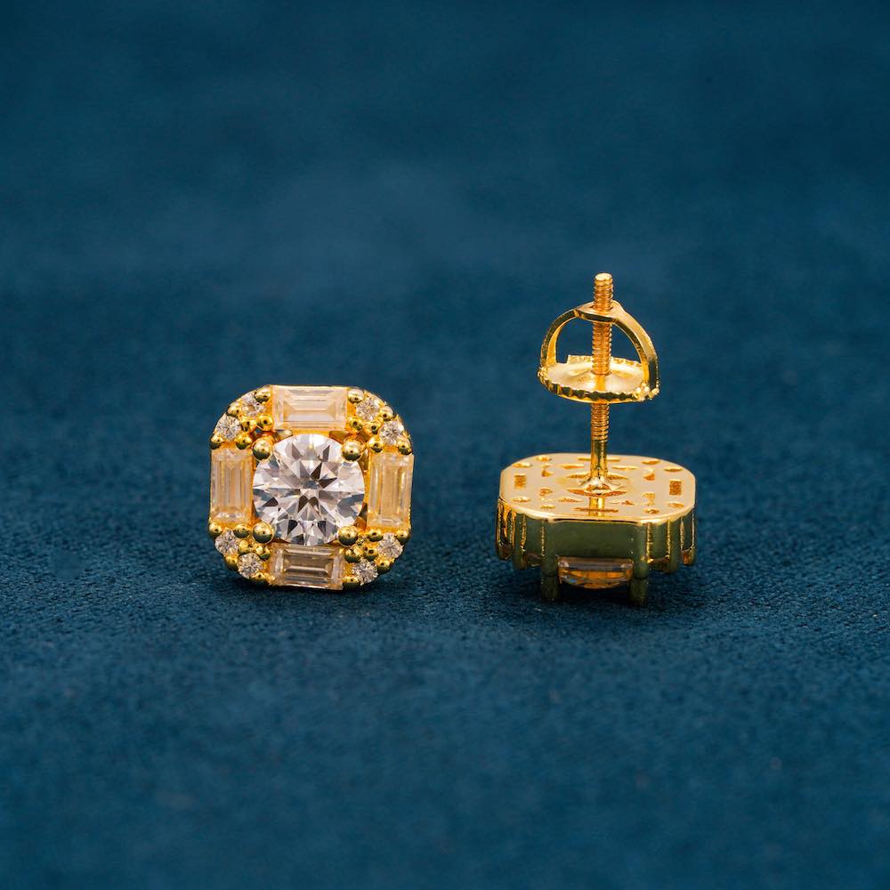 moissanite halo baguette earrings yellow gold