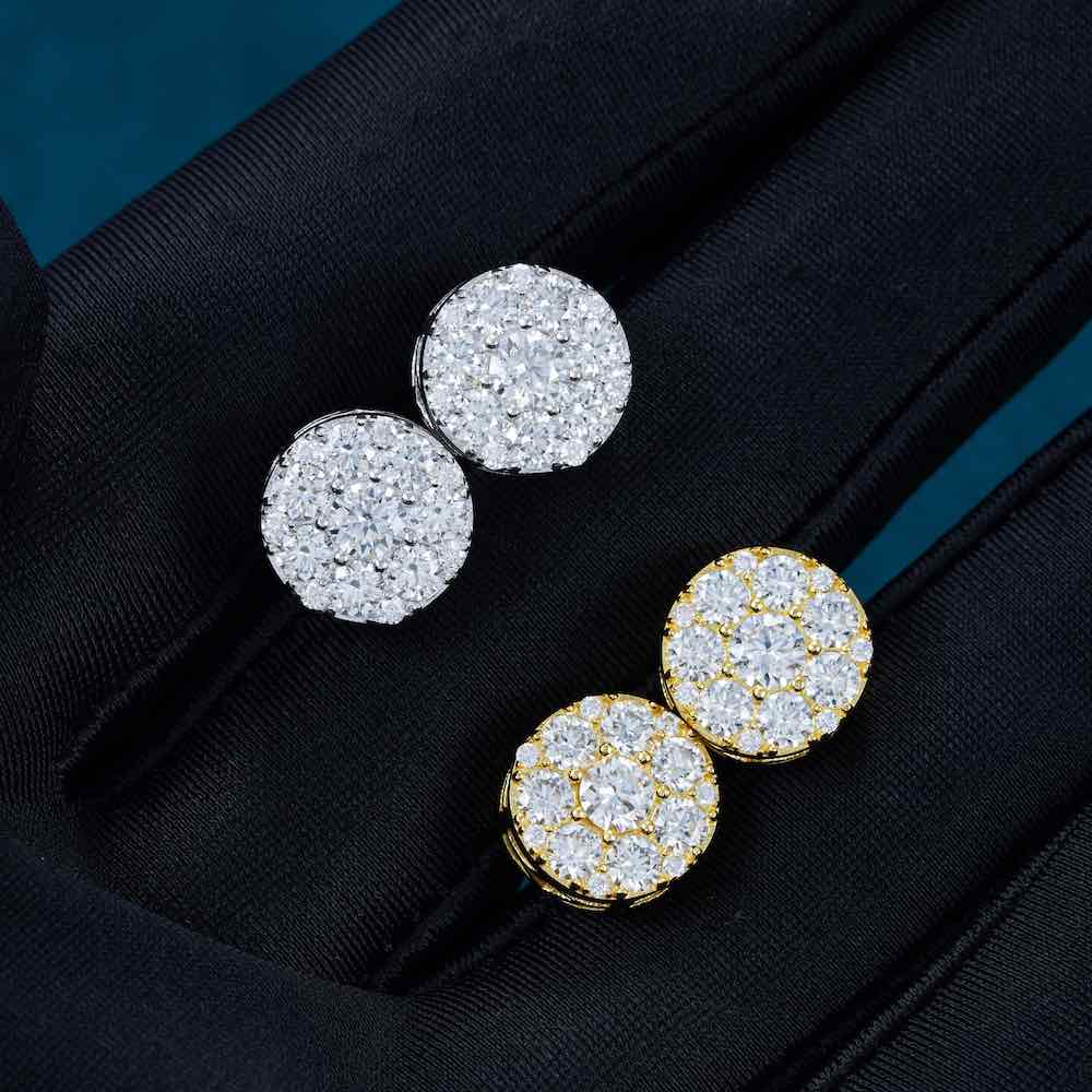 moissanite halo cluster earrings 14k gold hand