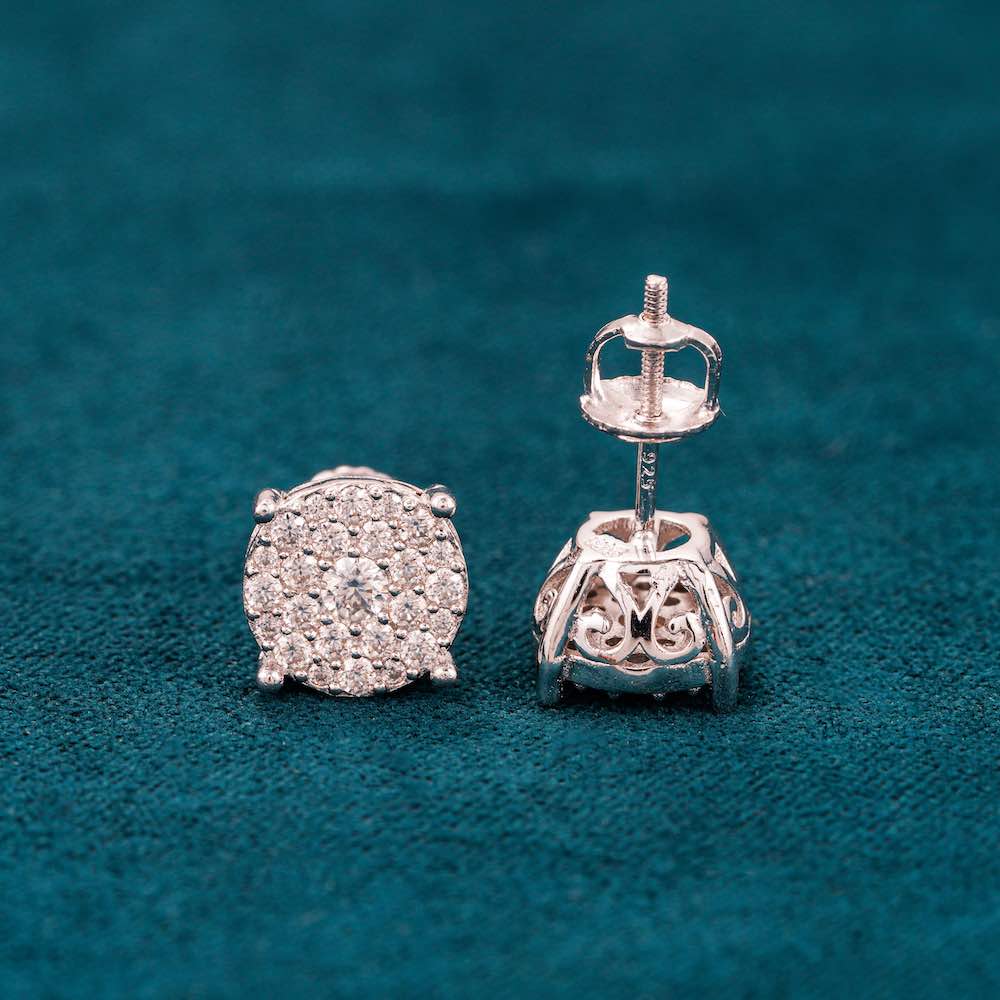 Moissanite halo round studs earrings white gold side