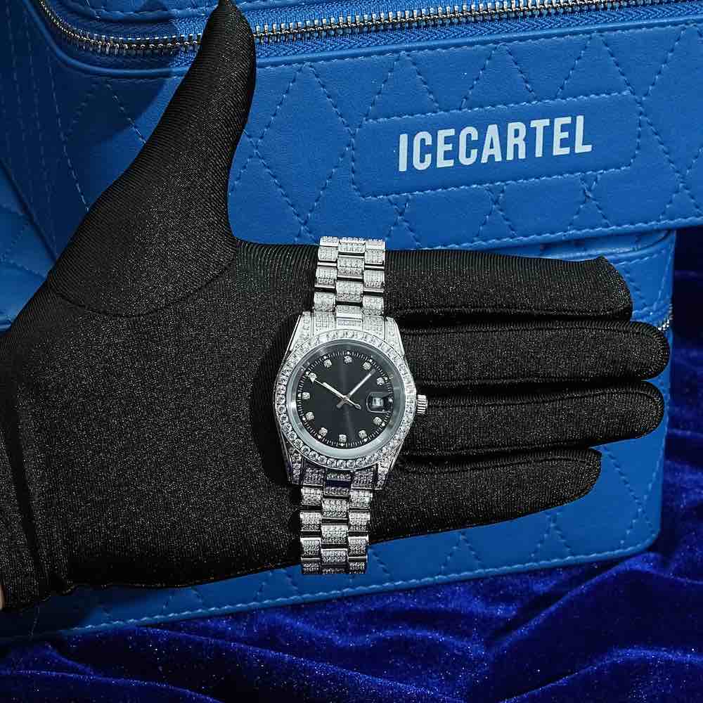 moissanite presidential watch black face 14k gold hand