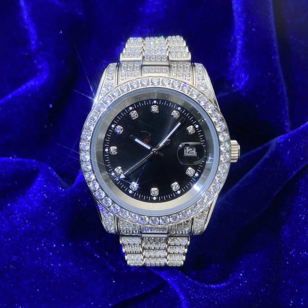 moissanite presidential watch black face 14k gold
