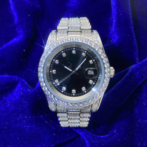 moissanite presidential watch black face 14k gold