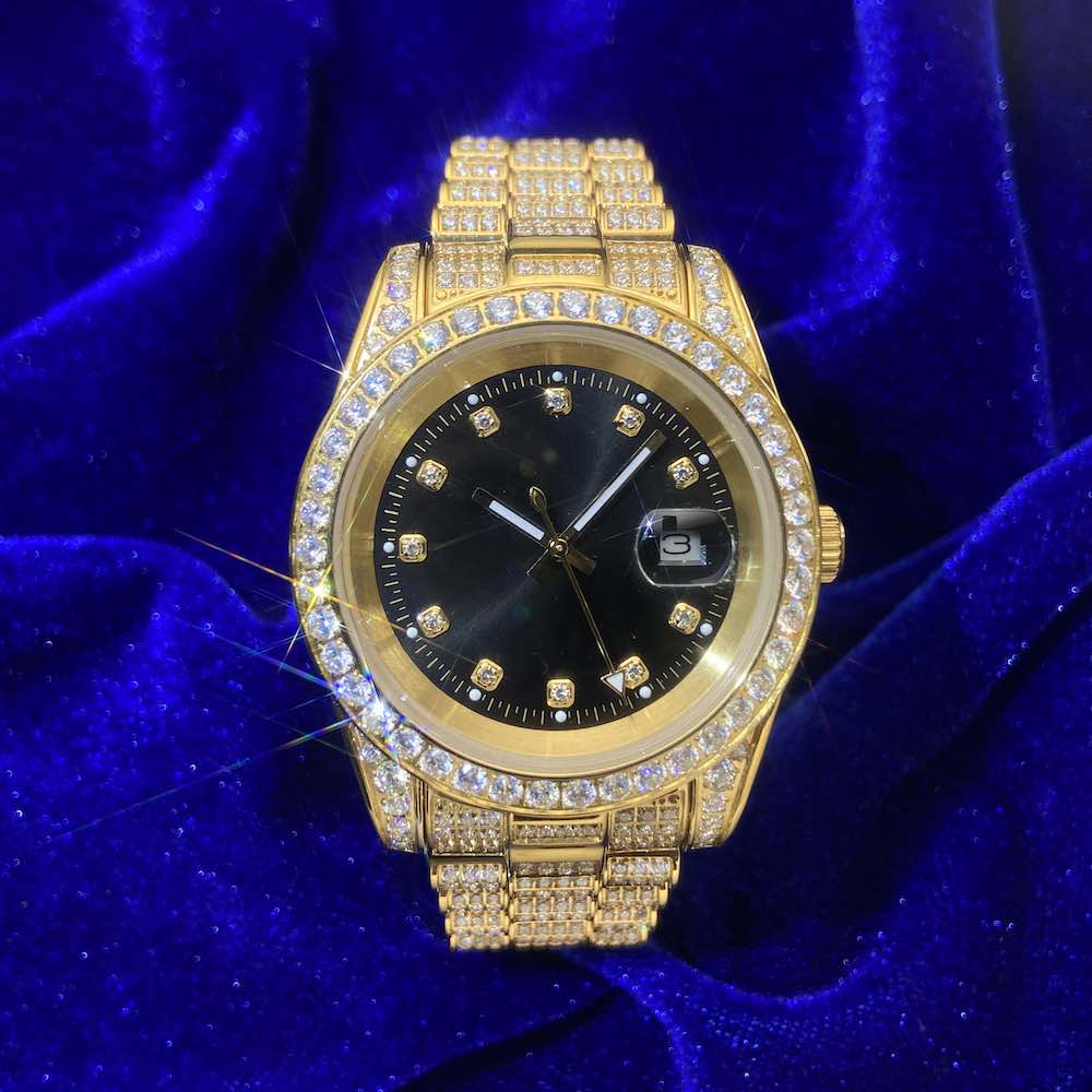 moissanite presidential watch black face 14k yellow gold