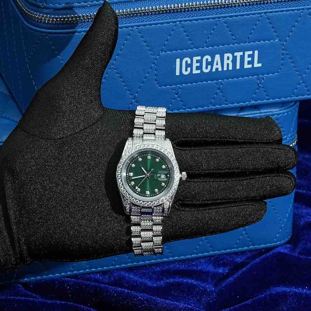 moissanite presidential watch green face 14k gold hand