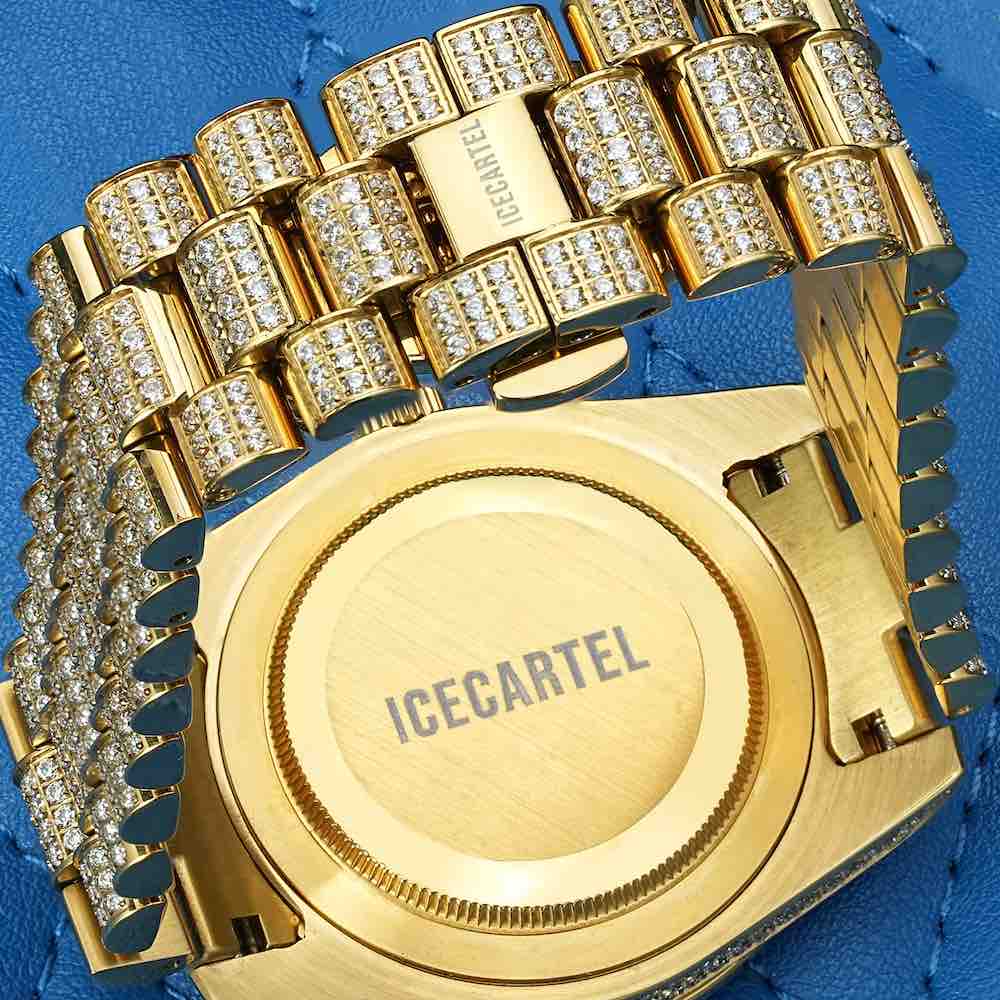 moissanite presidential watch green face 14k yellow gold backside