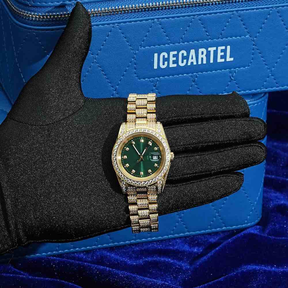 moissanite presidential watch green face 14k yellow gold hand