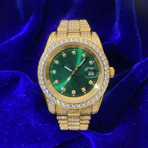 moissanite presidential watch green face 14k yellow gold