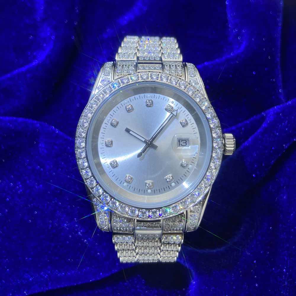moissanite presidential watch white face 14k gold front