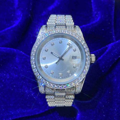 moissanite presidential watch white face 14k gold front
