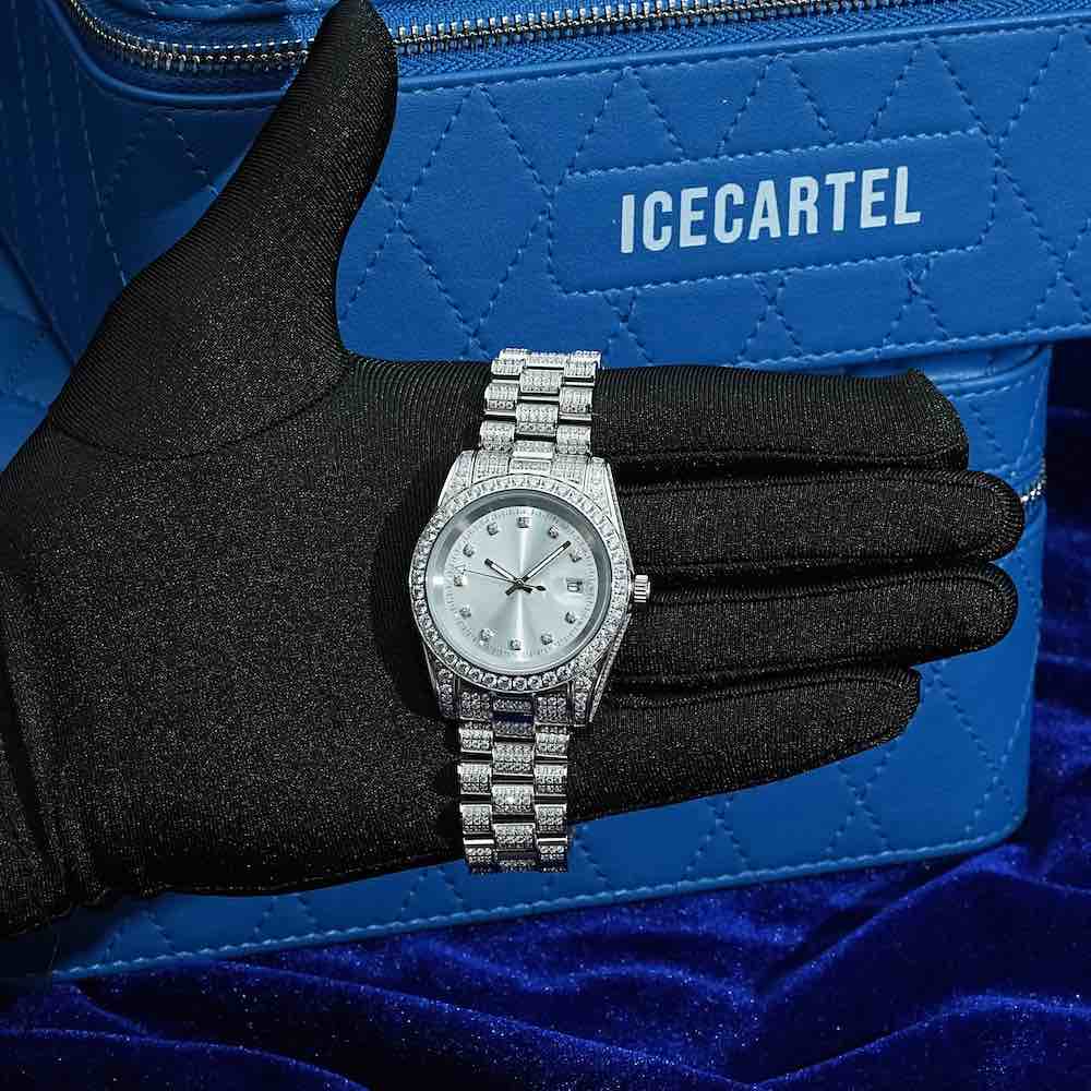 moissanite presidential watch white face 14k gold