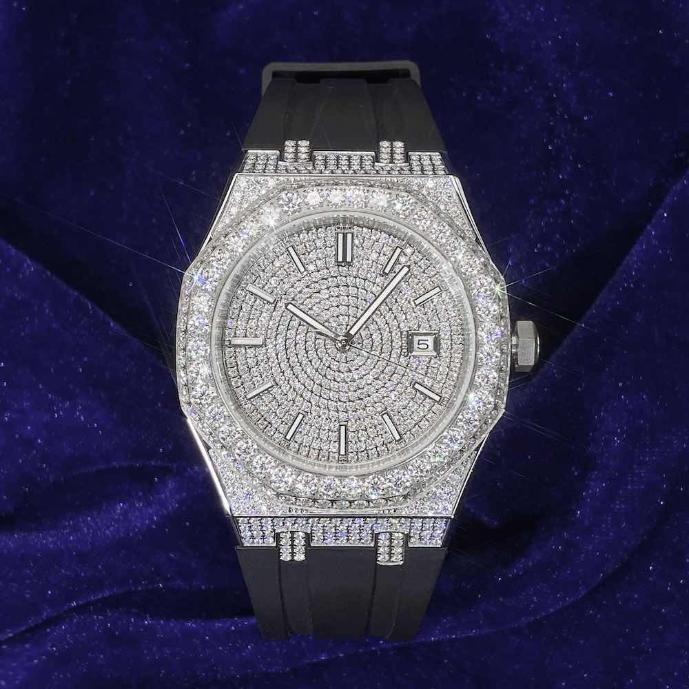 moissanite silicone band watch white gold 14k