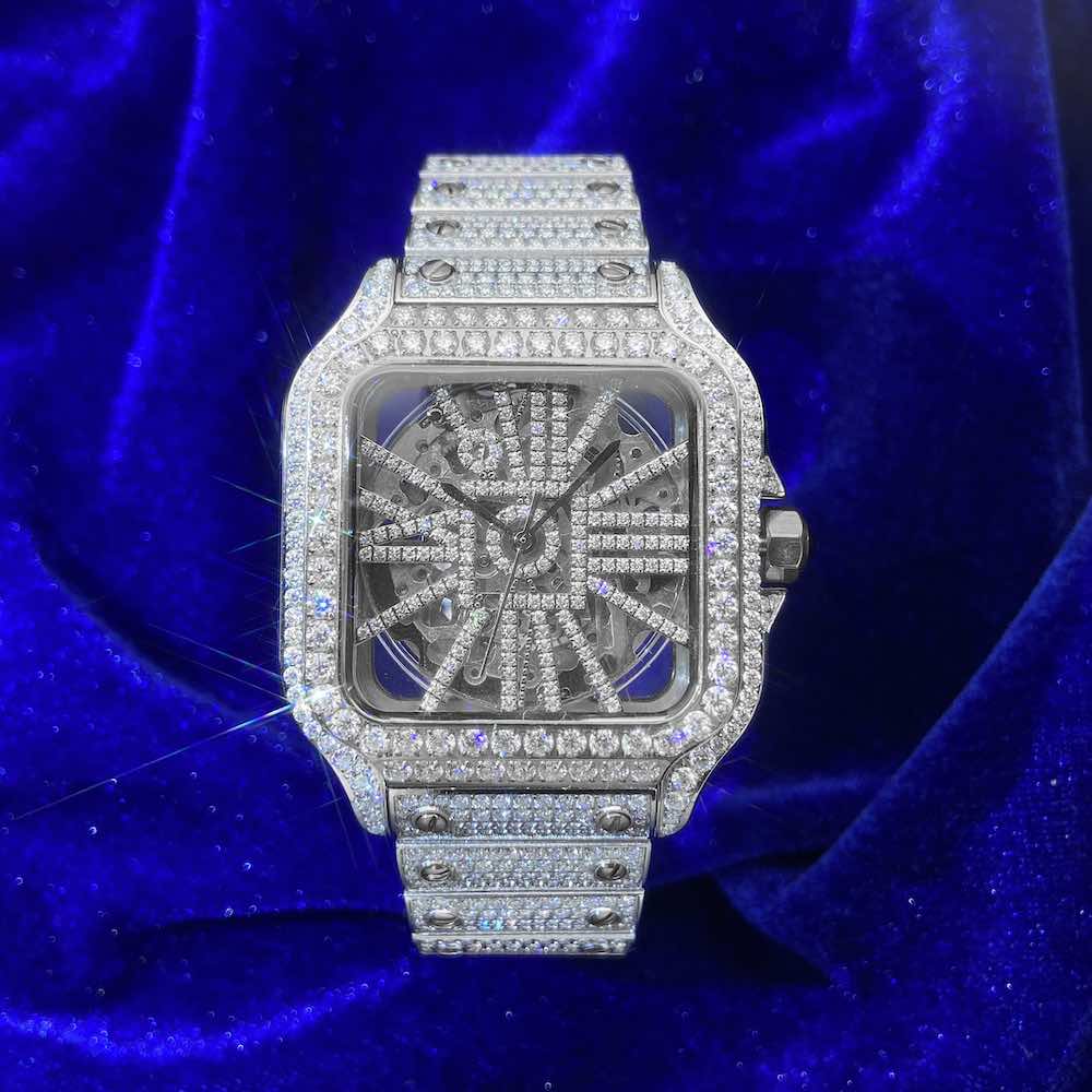 Moissanite Skeleton watch 14k white gold front
