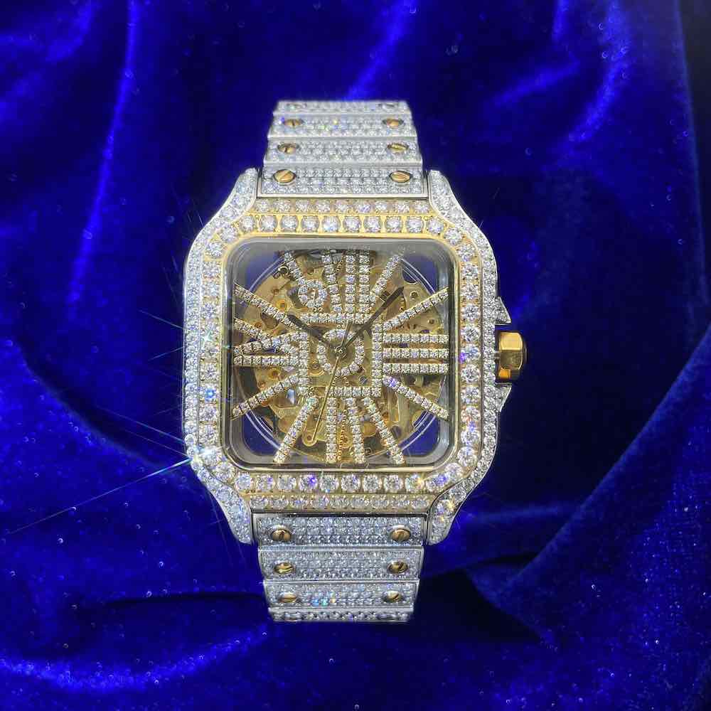 moissanite skeleton watch 14k yellow gold front