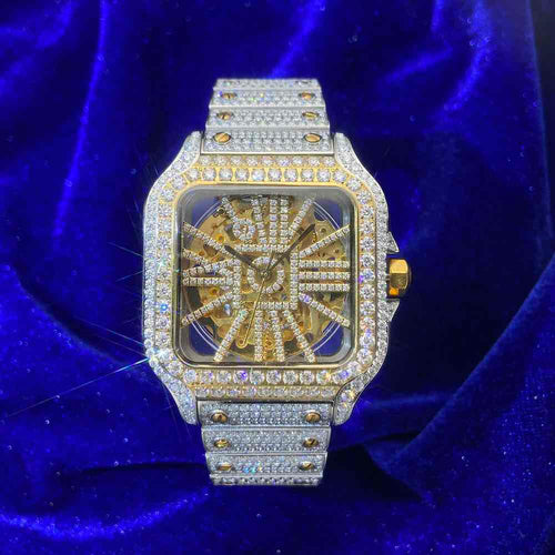 moissanite skeleton watch 14k yellow gold front