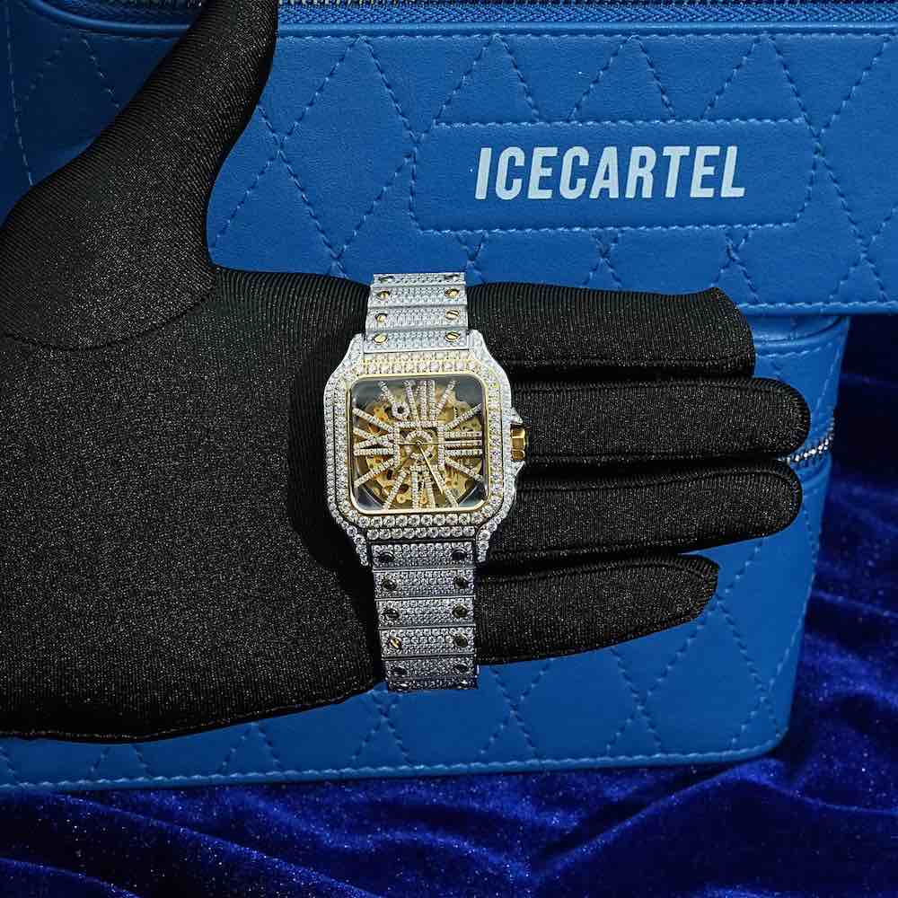moissanite skeleton watch 14k yellow gold hand
