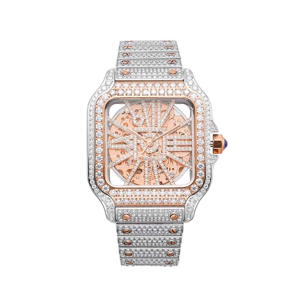 moissanite skeleton watch white background