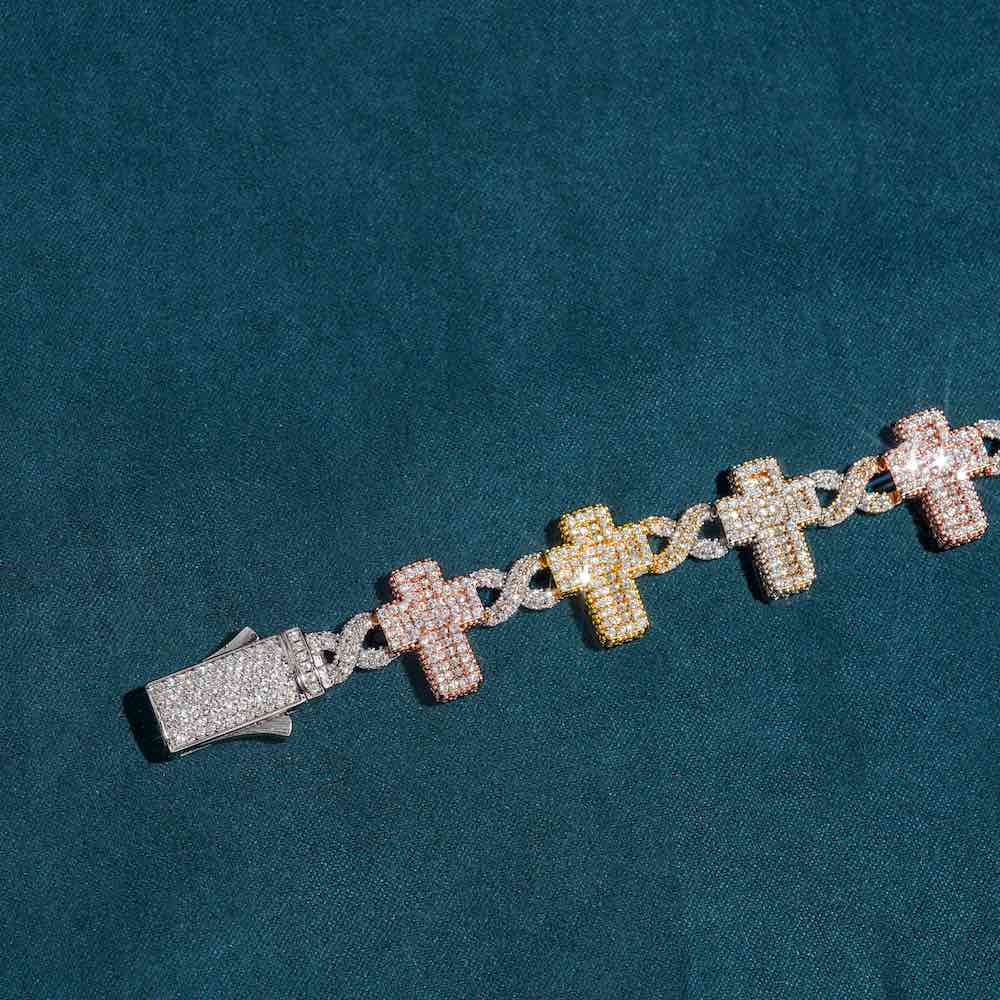 Moissanite three tone infinity link cross bracelet clasp