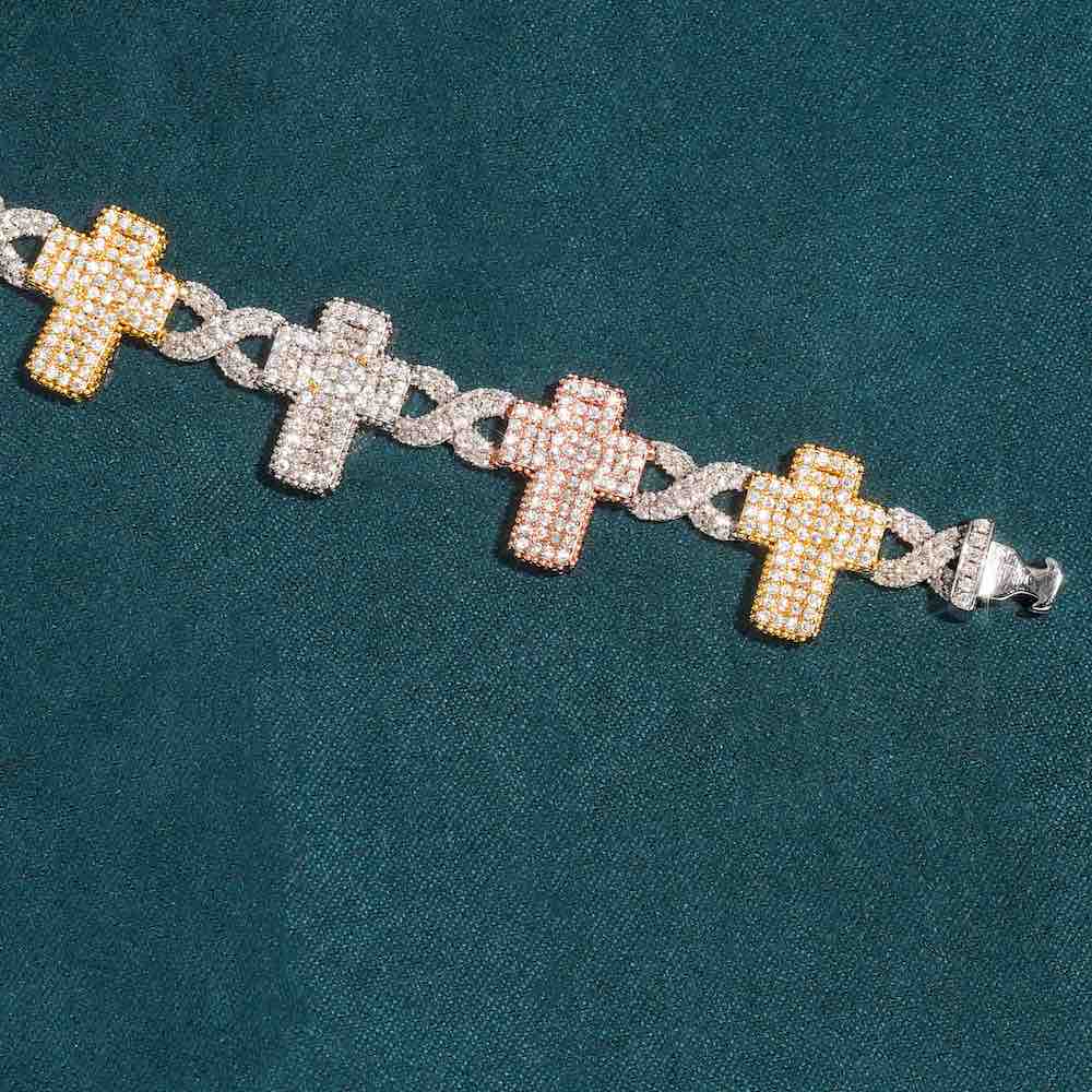 Moissanite three tone infinity link cross bracelet close