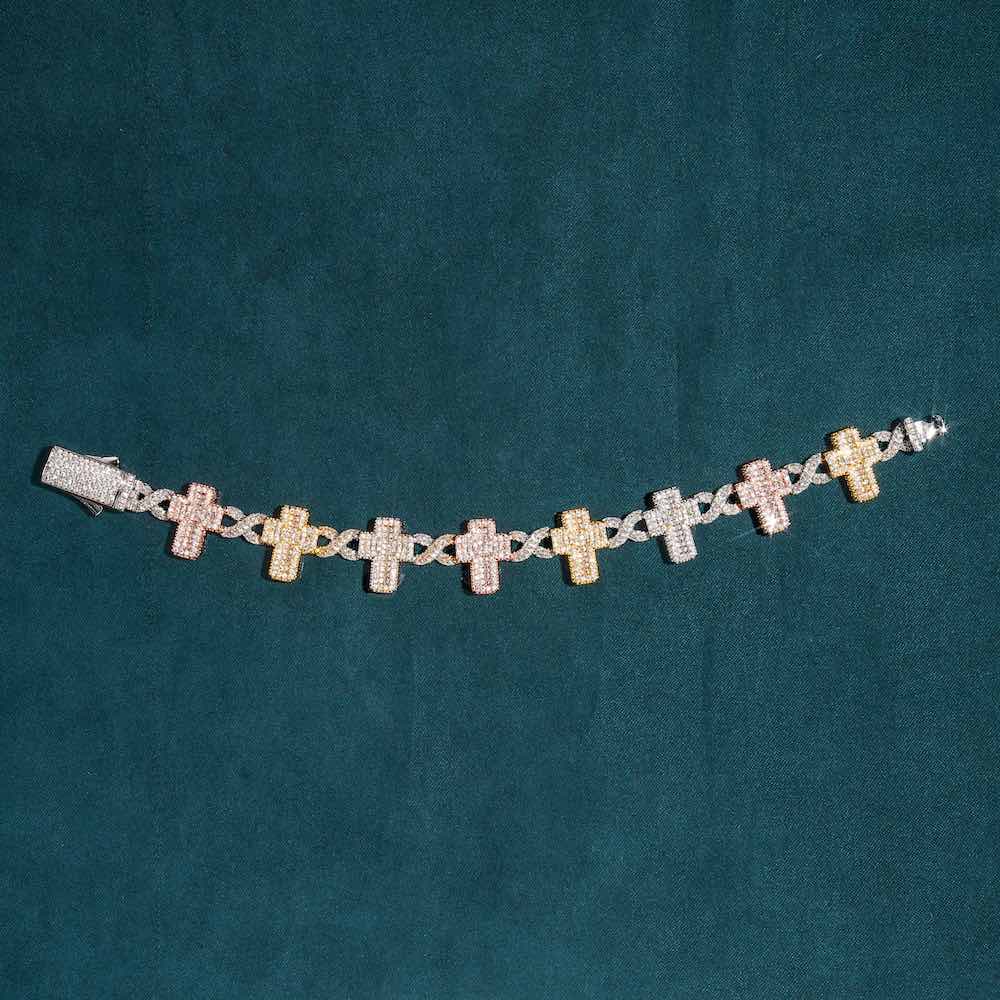 Moissanite three tone infinity link cross bracelet