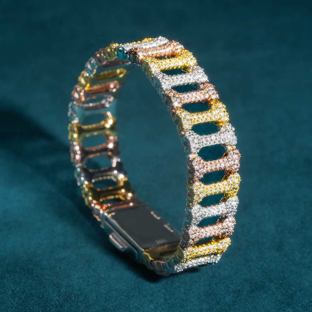 moissanite bone link bracelet three tone side