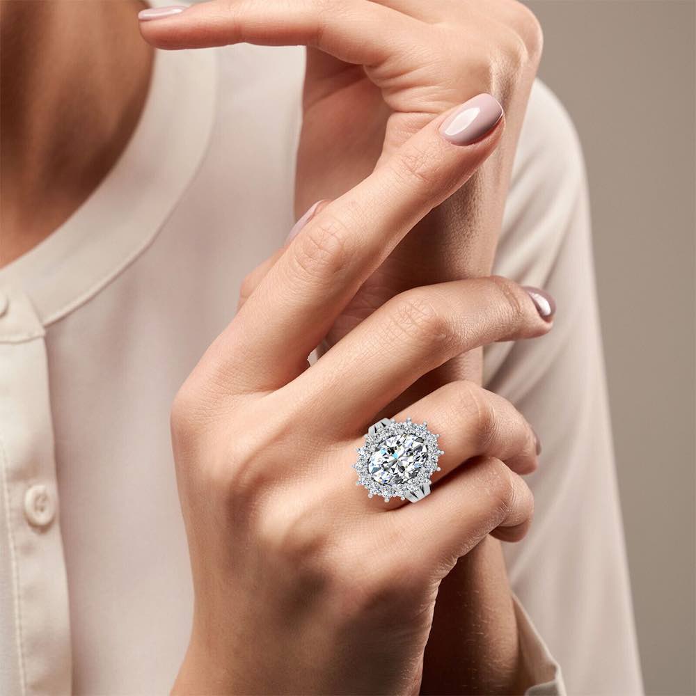 Oval Halo Moissanite Engagement Ring hand