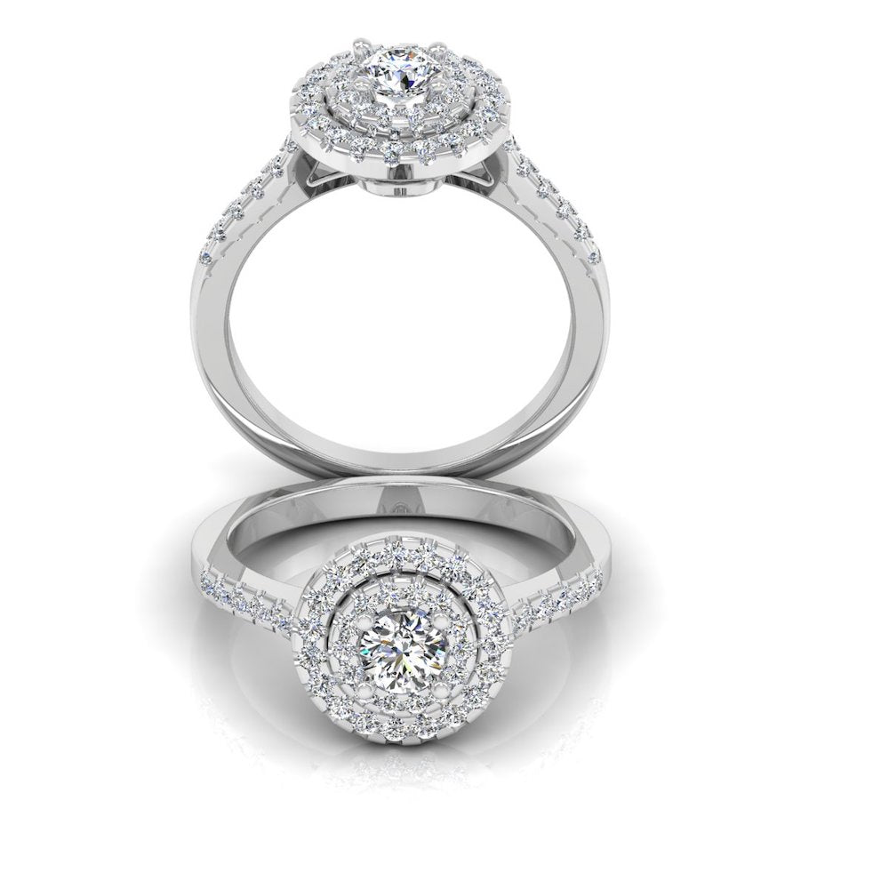 Petite Round Brilliant Double Halo Moissanite Engagement Ring set